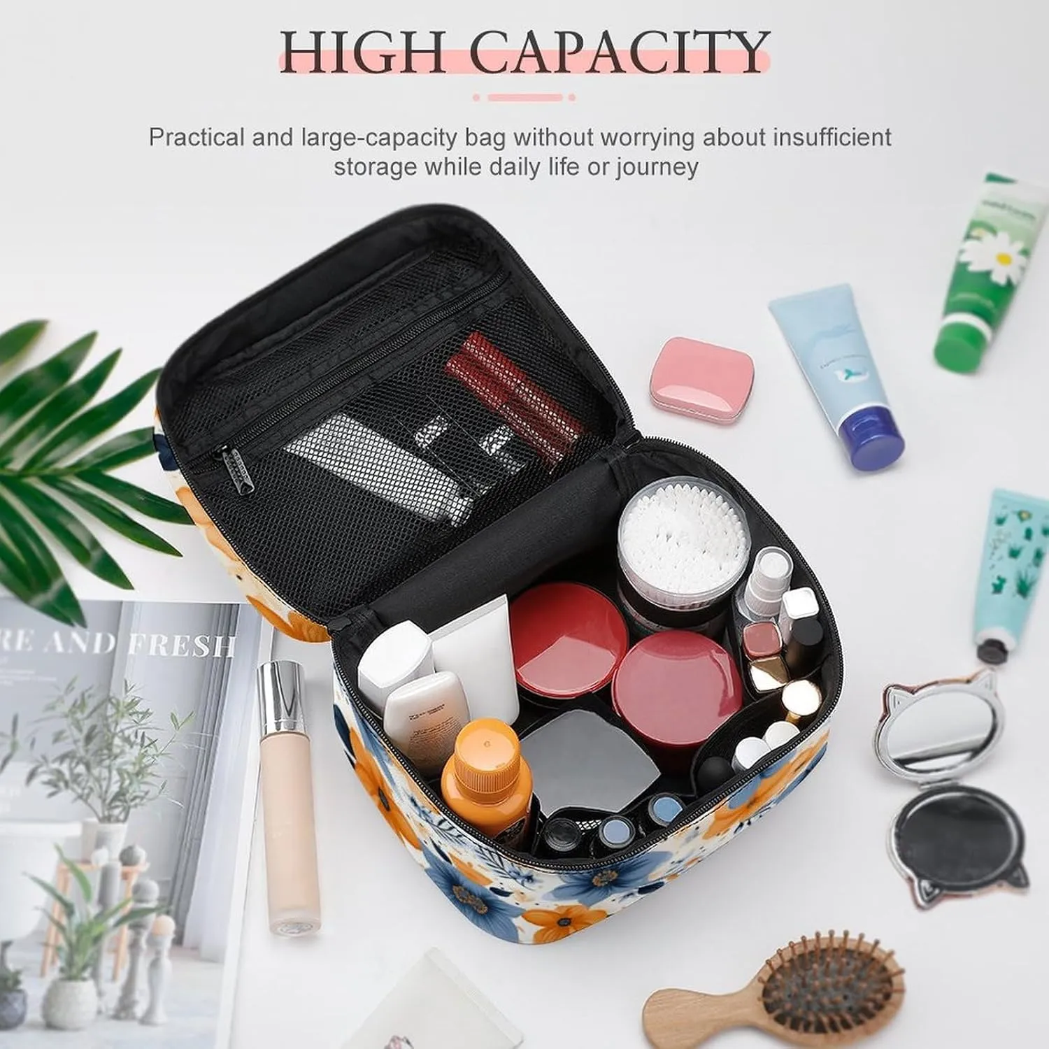 Travel Toiletry Bag for Women And Men,Blue And Orange Flowers Toiletry Organizer, Makeup Bag Travel Organizer for Shampoo,Toiletries