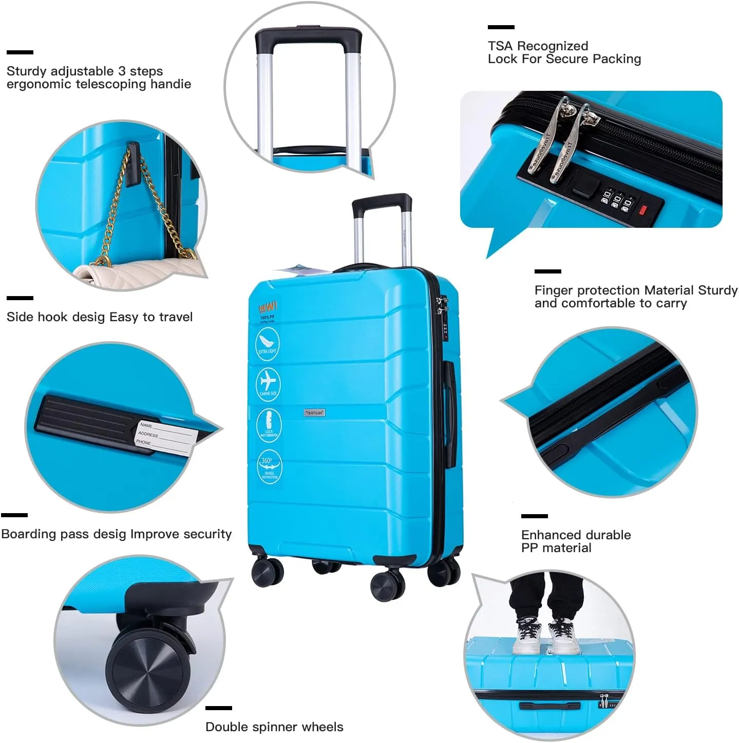 Travelhouse Luggage Sets 3 Piece PP Suitcase Set Hardside Spinner Wheel Luggage Clearance Lightweight TSA Lock for Travel, Business (Light Blue)