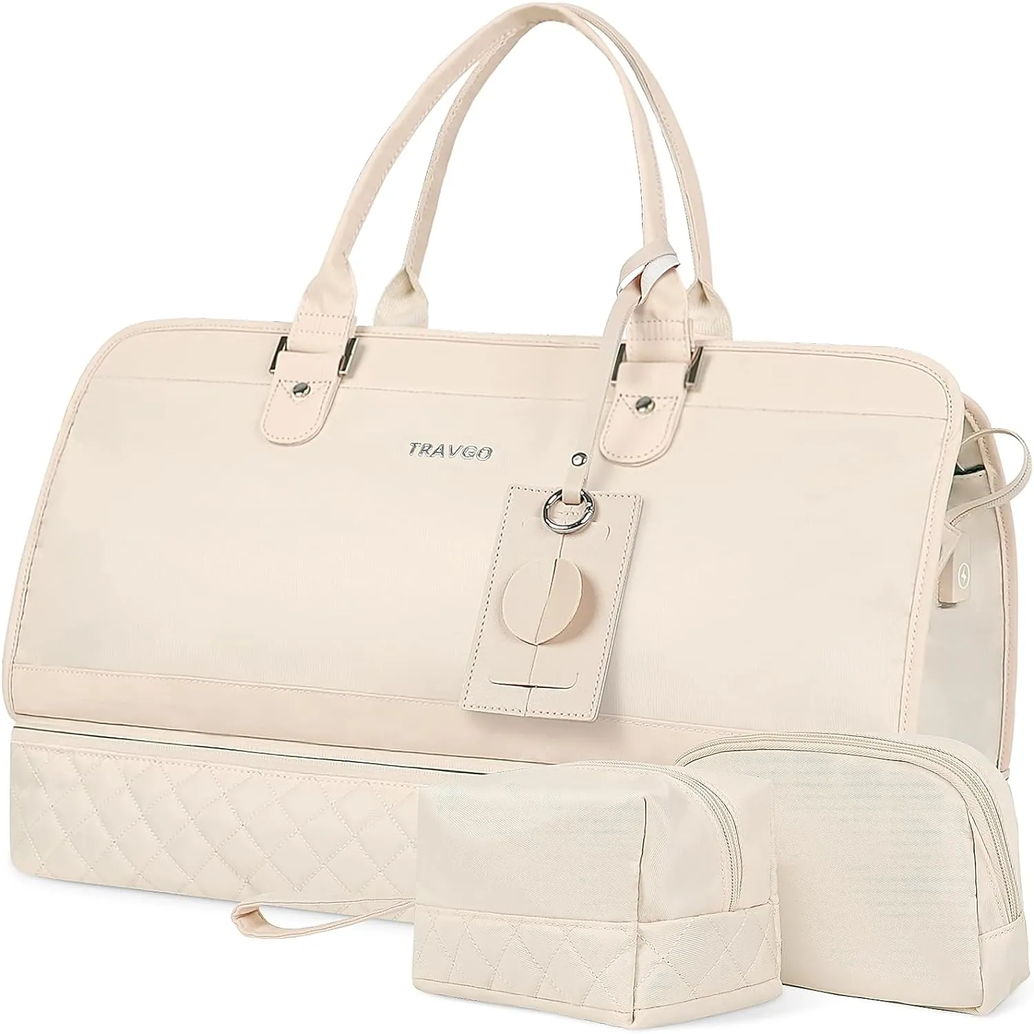 Travgo Weekender Bags for Women Travel, 60L Travel Duffle Bag with Shoe Compartment & Wet Pocket,Carry on Tote Bags with USB Charging Port for Airplanes, Hospital, Sports,Gift (Beige)