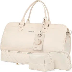 Travgo Weekender Bags for Women Travel, 60L Travel Duffle Bag with Shoe Compartment & Wet Pocket,Carry on Tote Bags with USB Charging Port for Airplanes, Hospital, Sports,Gift (Beige)