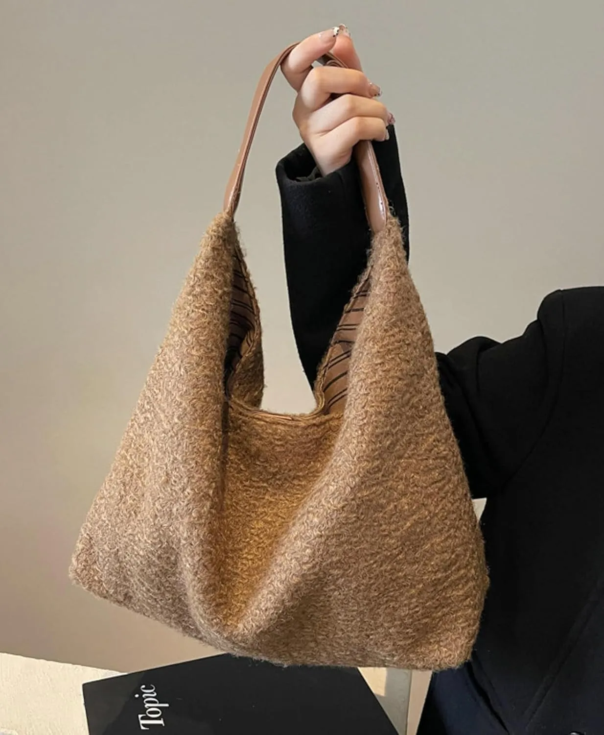Trendy Wool Felt Shoulder Bag Women Fall Winter 2024 Casual Lazy Style Handbag PU Leather Strap Tote Underarm Bag