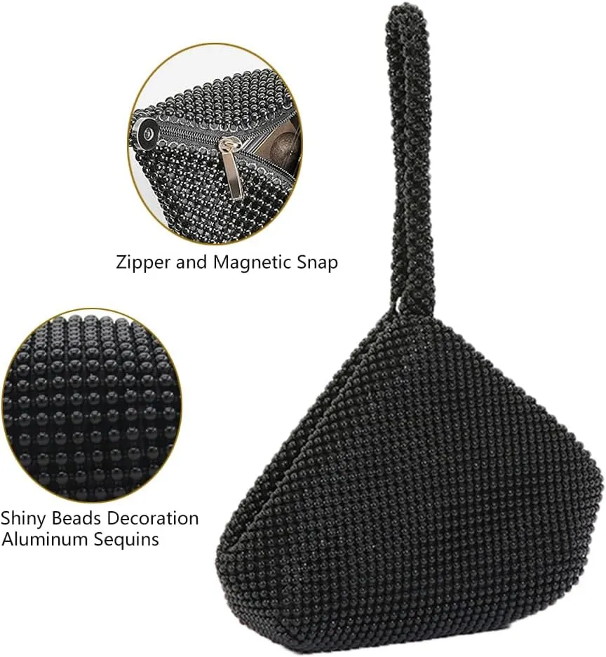 Triangle Bling Sequins Zipper Pouch Luxury Sequins Trihedral Designer Clutch Evening Handbag Mini Tote Coin Purse wallets (Aluminum Sequins, Black)