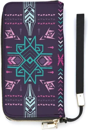 Tribal Vintage Aztec Women's Leather Long Large Capacity Wallet Clutch Wallet with Hand Strap