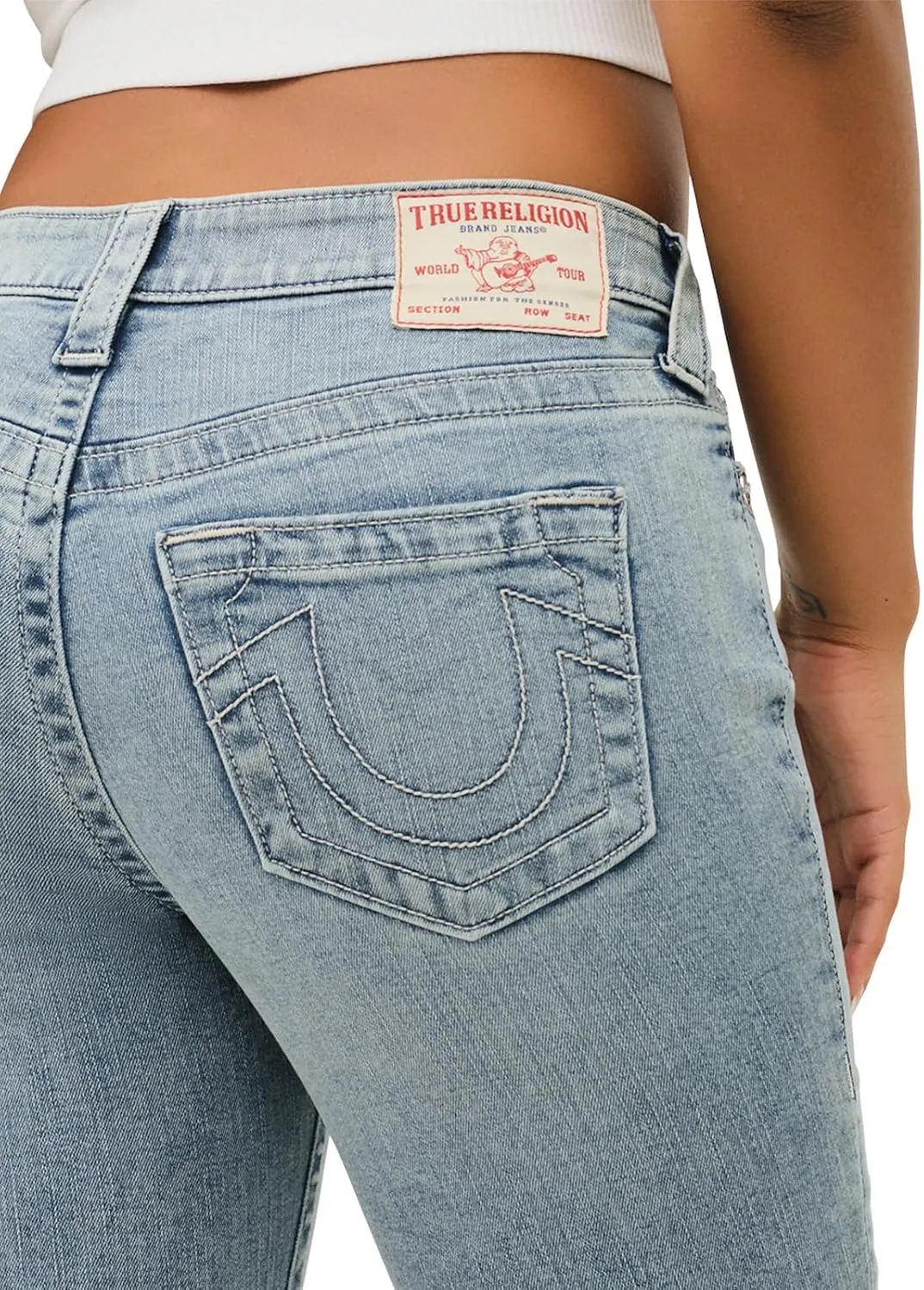True Religion Women's Becca Mid Rise Bootcut Crystal Flap - Single Needle Stitching Peak Spot Jeans Pant