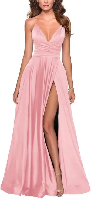 Tvuyet Elegant Long Prom Dress with Slit Pleated 2025 Satin Bridesmaid Dresses A Line Spaghetti Straps Evening Gowns