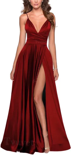 Tvuyet Elegant Long Prom Dress with Slit Pleated 2025 Satin Bridesmaid Dresses A Line Spaghetti Straps Evening Gowns