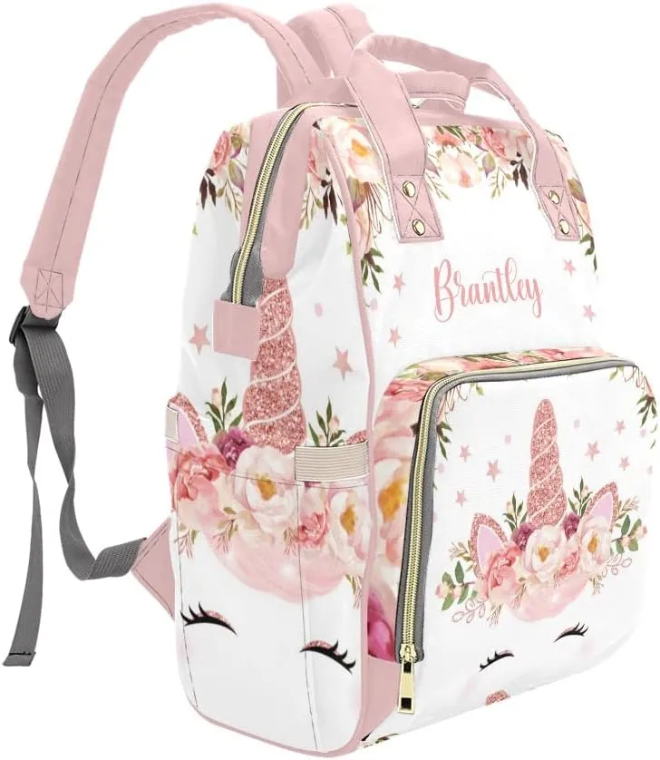 Unicorn Floral Rose Personalized Diaper Bag Backpack Custom Name Daypack Large Mommy Bag for Teen Girl Boy Student