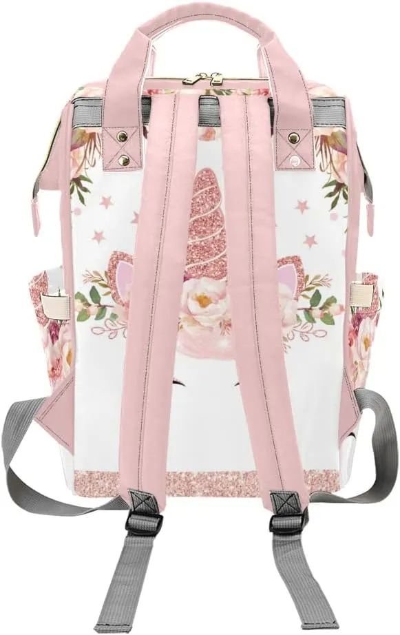 Unicorn Floral Rose Personalized Diaper Bag Backpack Custom Name Daypack Large Mommy Bag for Teen Girl Boy Student