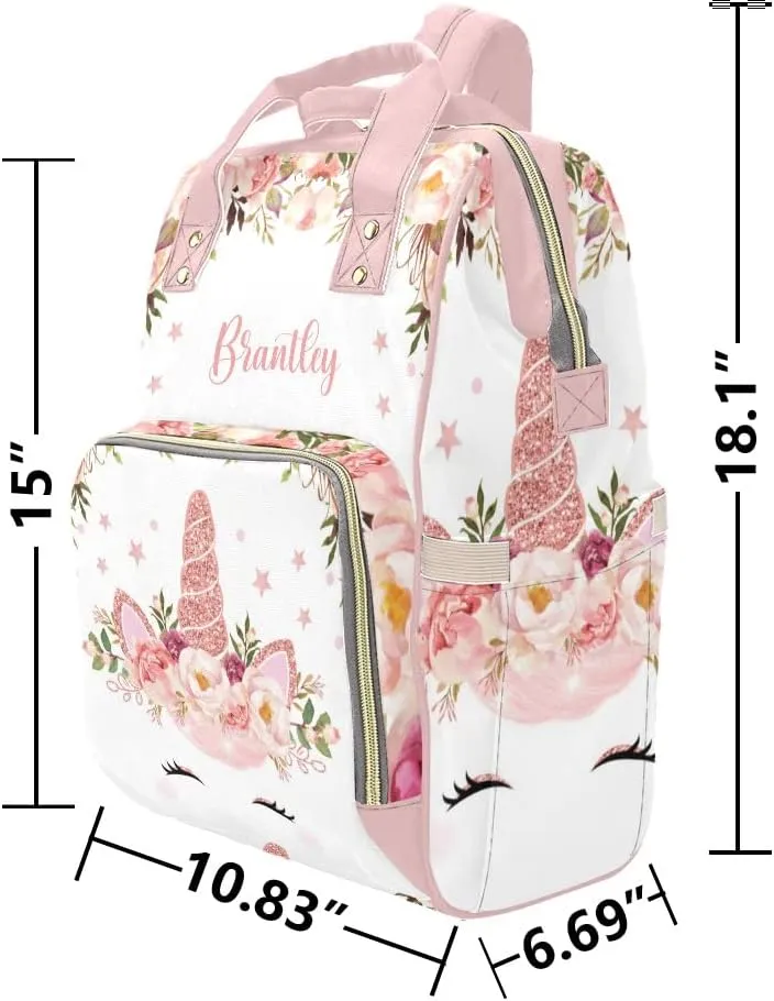 Unicorn Floral Rose Personalized Diaper Bag Backpack Custom Name Daypack Large Mommy Bag for Teen Girl Boy Student
