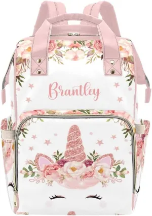 Unicorn Floral Rose Personalized Diaper Bag Backpack Custom Name Daypack Large Mommy Bag for Teen Girl Boy Student