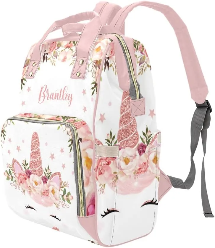 Unicorn Floral Rose Personalized Diaper Bag Backpack Custom Name Daypack Large Mommy Bag for Teen Girl Boy Student