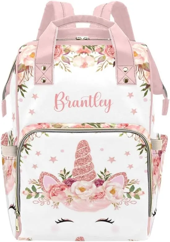 Unicorn Floral Rose Personalized Diaper Bag Backpack Custom Name Daypack Large Mommy Bag for Teen Girl Boy Student