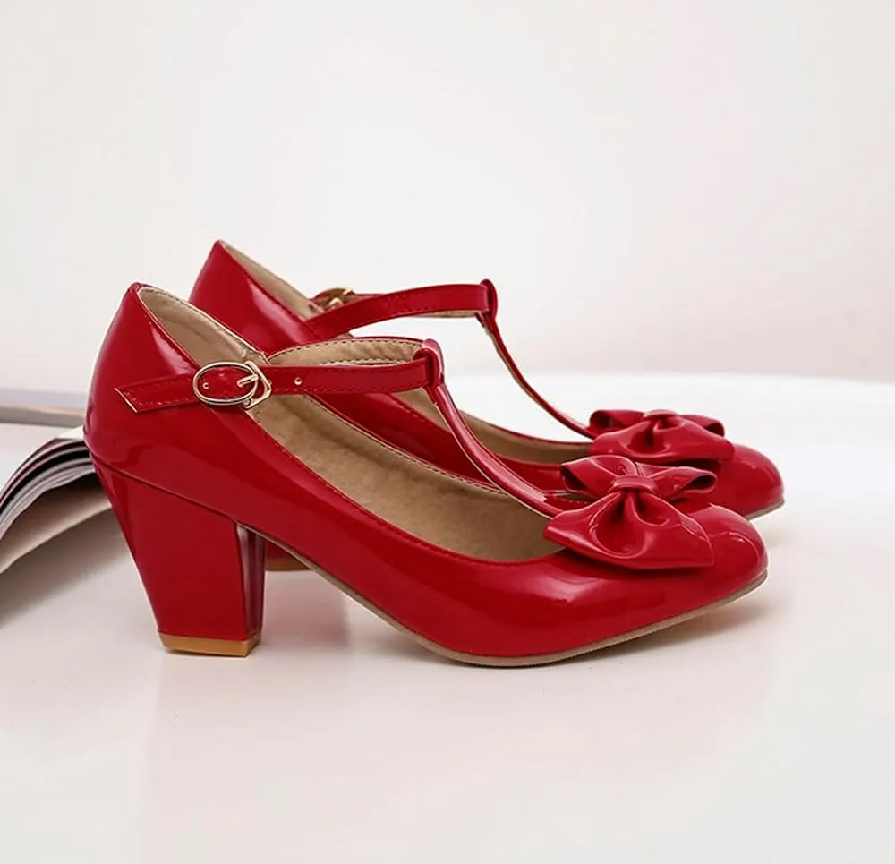Unisex Round Toe Mary Jane Chunky Mid Heel Bow Pumps Wedding Party Shoes