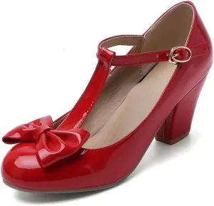 Unisex Round Toe Mary Jane Chunky Mid Heel Bow Pumps Wedding Party Shoes