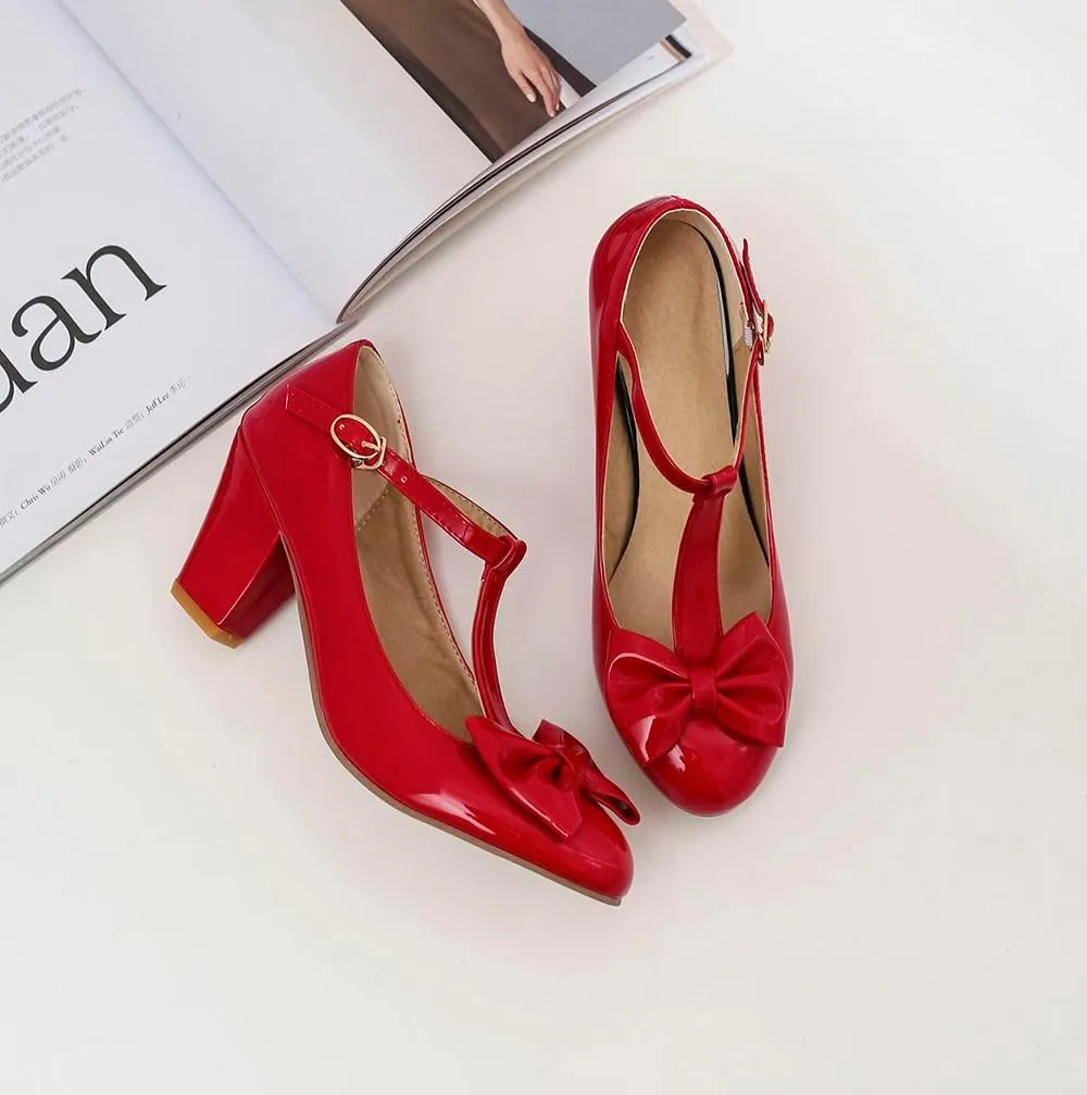 Unisex Round Toe Mary Jane Chunky Mid Heel Bow Pumps Wedding Party Shoes