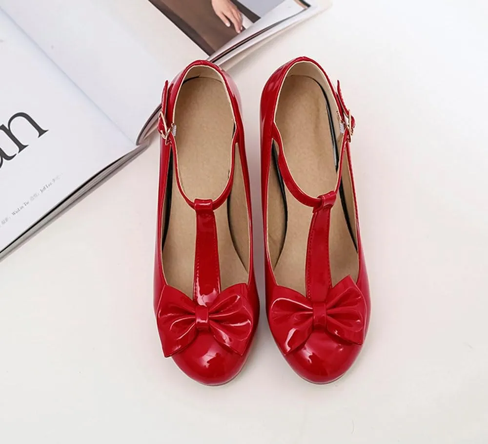 Unisex Round Toe Mary Jane Chunky Mid Heel Bow Pumps Wedding Party Shoes