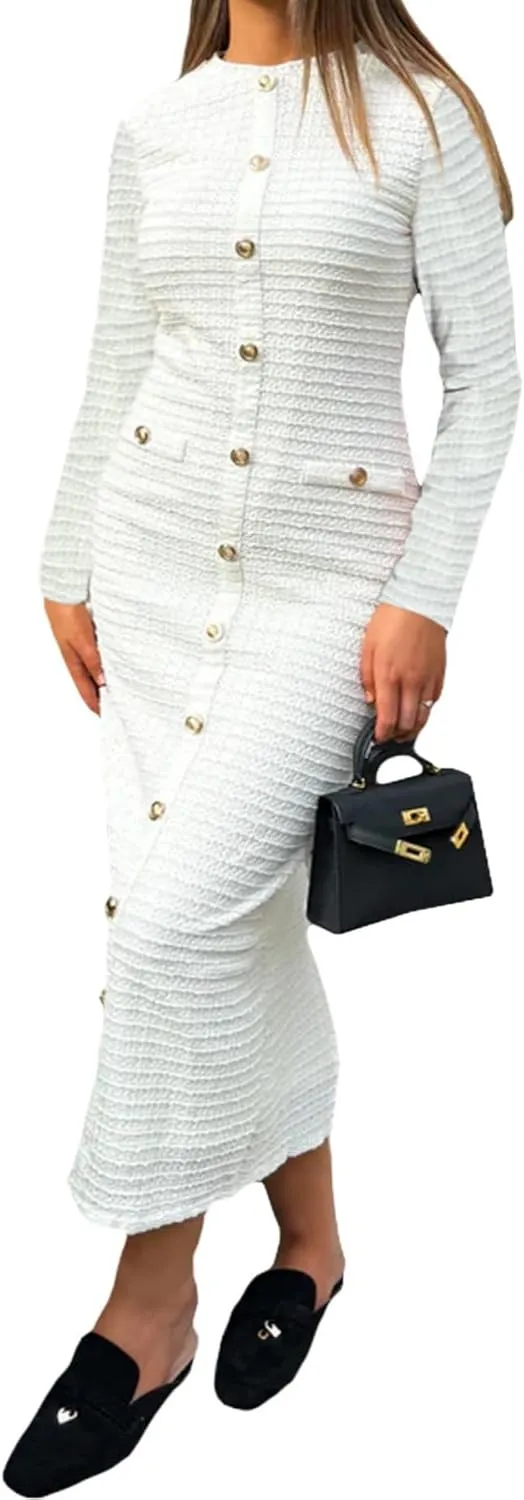 Unybwonn Women Bodycon Pleated Knit Maxi Dress Long Sleeve Crew Neck Ribbed Elegant Sweater Dress Single Breasted Dresses