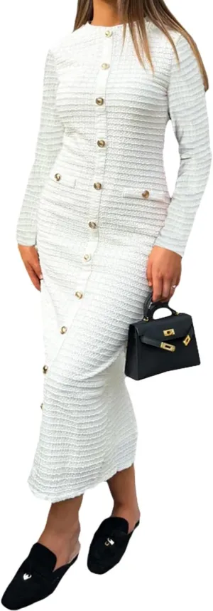 Unybwonn Women Bodycon Pleated Knit Maxi Dress Long Sleeve Crew Neck Ribbed Elegant Sweater Dress Single Breasted Dresses