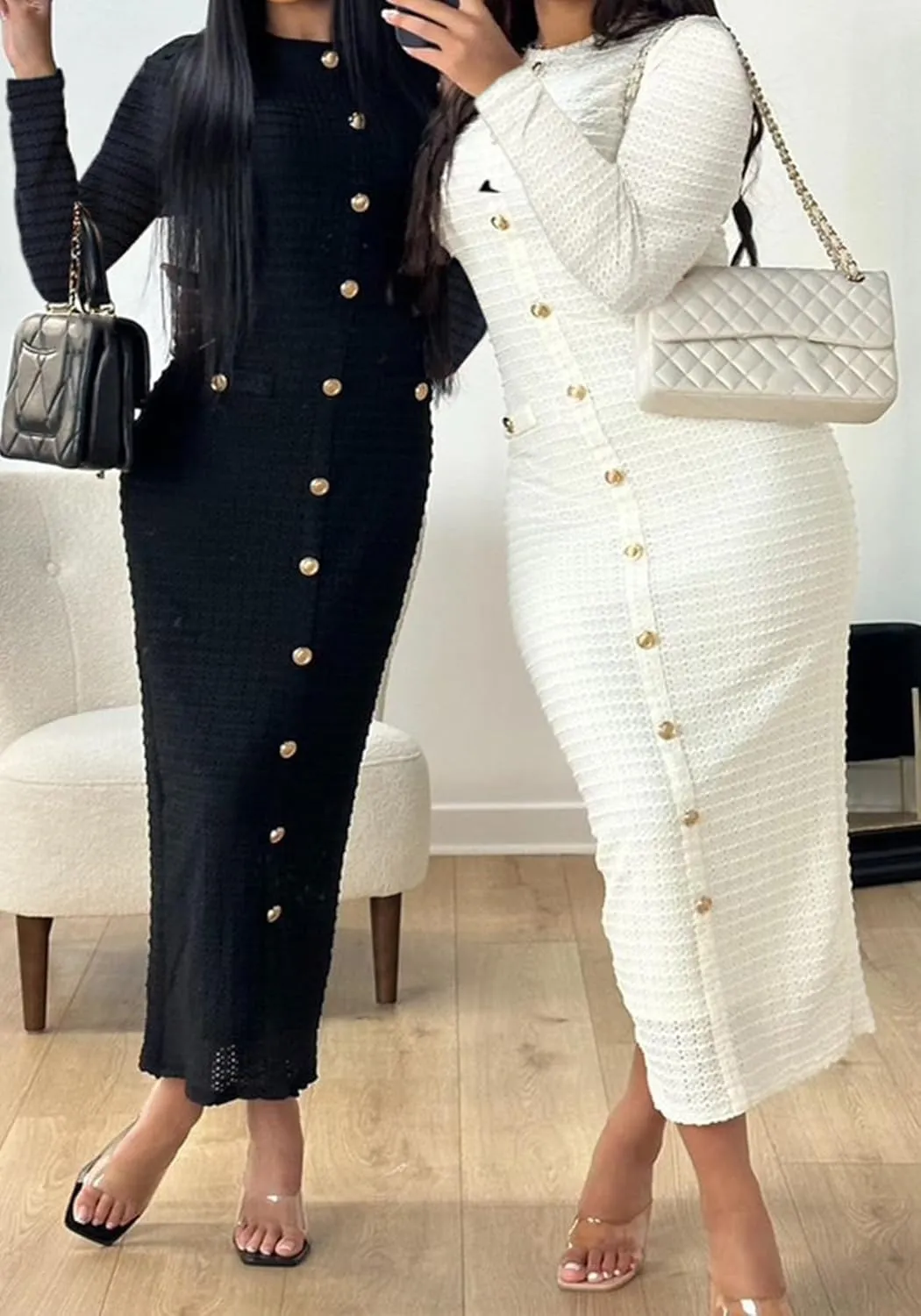 Unybwonn Women Bodycon Pleated Knit Maxi Dress Long Sleeve Crew Neck Ribbed Elegant Sweater Dress Single Breasted Dresses