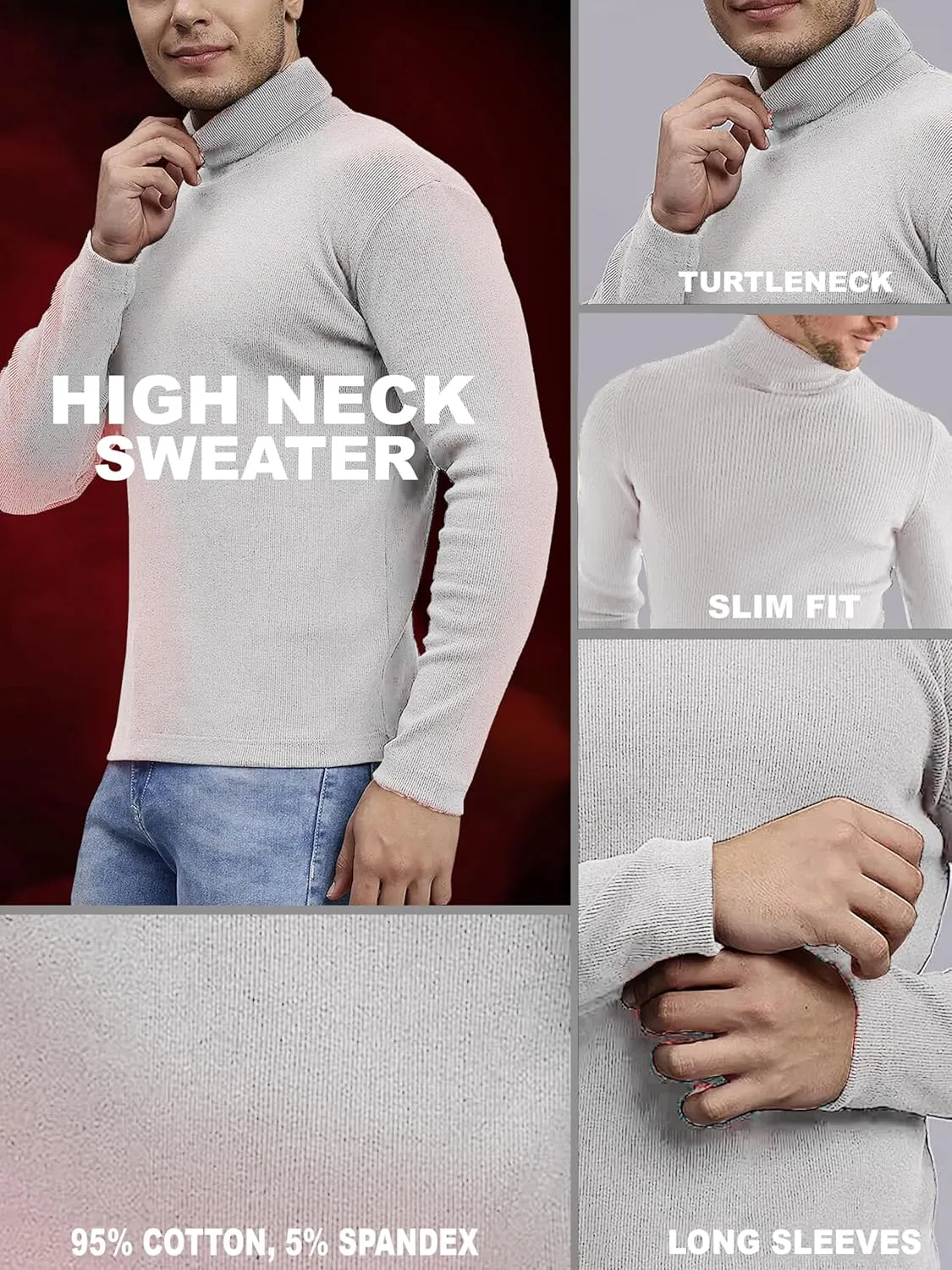 URBAN BUCK Turtleneck Men Long Sleeve Knitted Shirt - Ultra Soft Cotton Slim Fit Ribbed Turtle Neck Sweater for Men