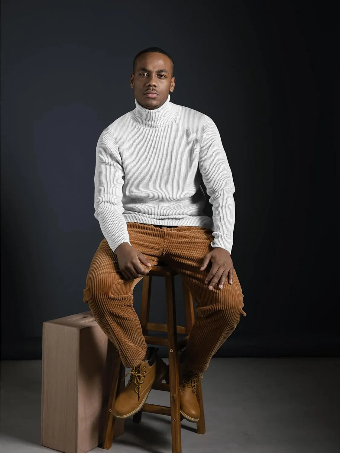 URBAN BUCK Turtleneck Men Long Sleeve Knitted Shirt - Ultra Soft Cotton Slim Fit Ribbed Turtle Neck Sweater for Men