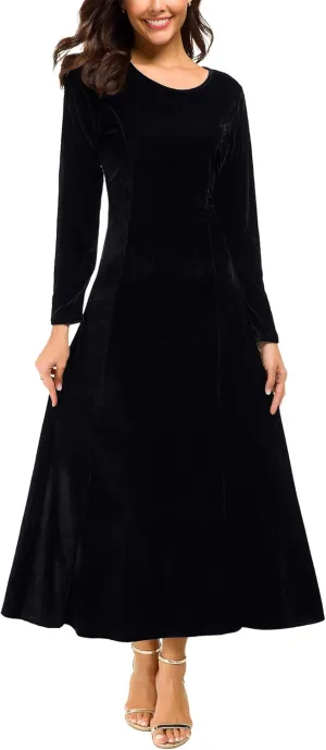 Urban CoCo Women's Elegant Long Sleeve Ruched Velvet Stretchy Long Dress