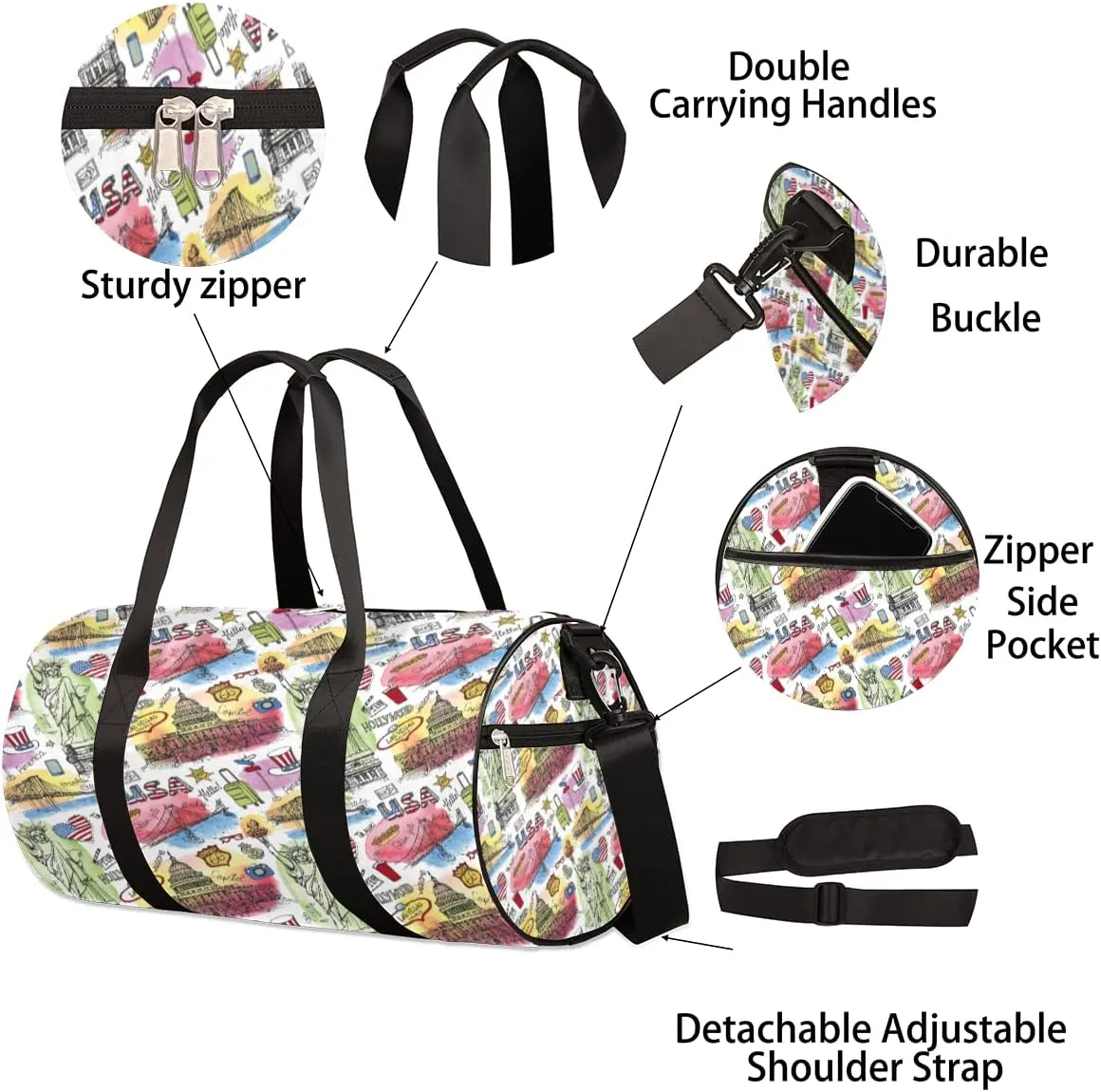 Usa Travel Poster Pattern Gym Bag Small Gym Duffel Bags for Men Women Overnight Weekender Bag Lightweight Sport Duffle Bag Carry On Gymbag
