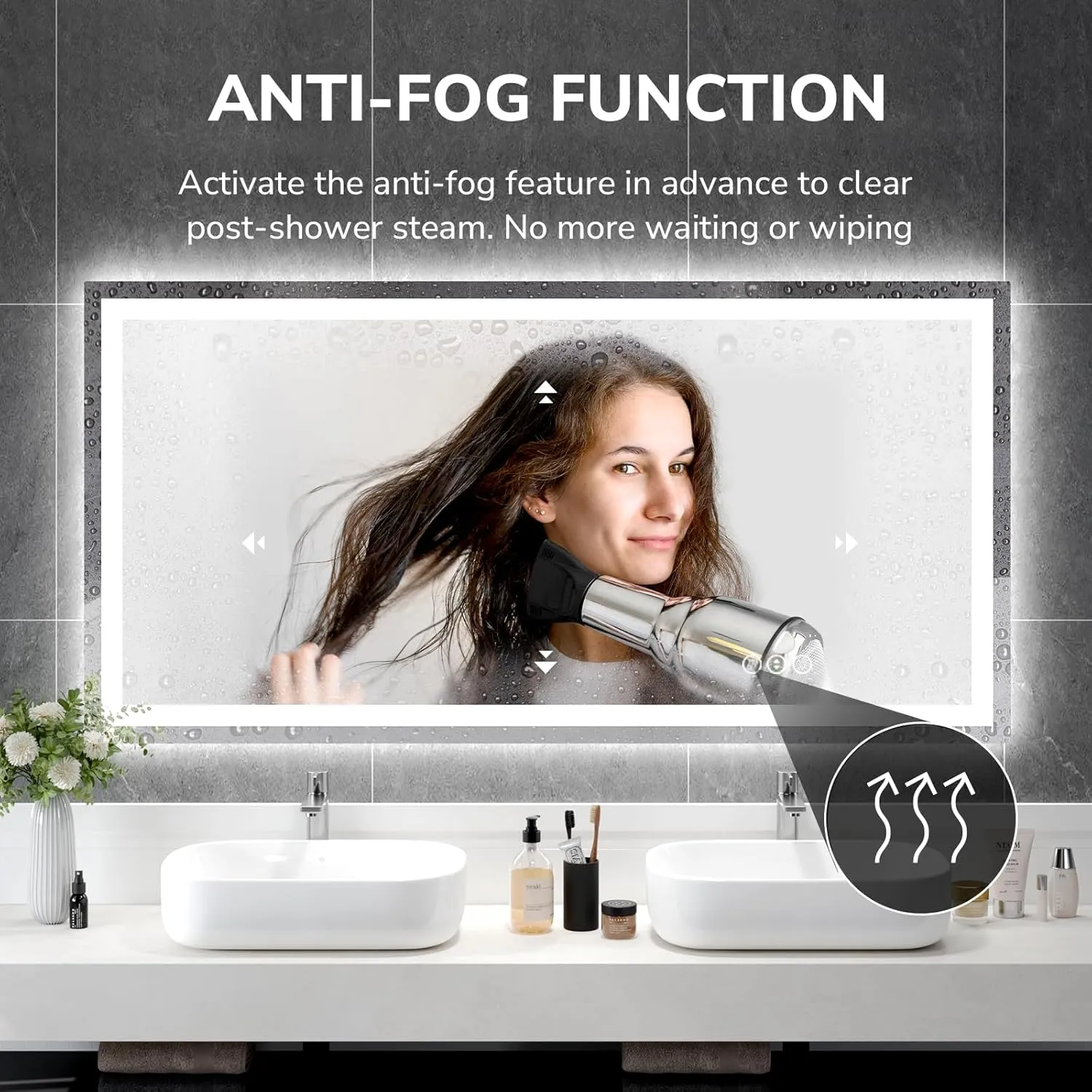 USHOWER 72x36 Inch Modern LED Bathroom Mirror - Smart Backlit Vanity Mirror with Anti-Fog, Dimmable Lights, Wall Mounted, 1/5 Inch Tempered Glass