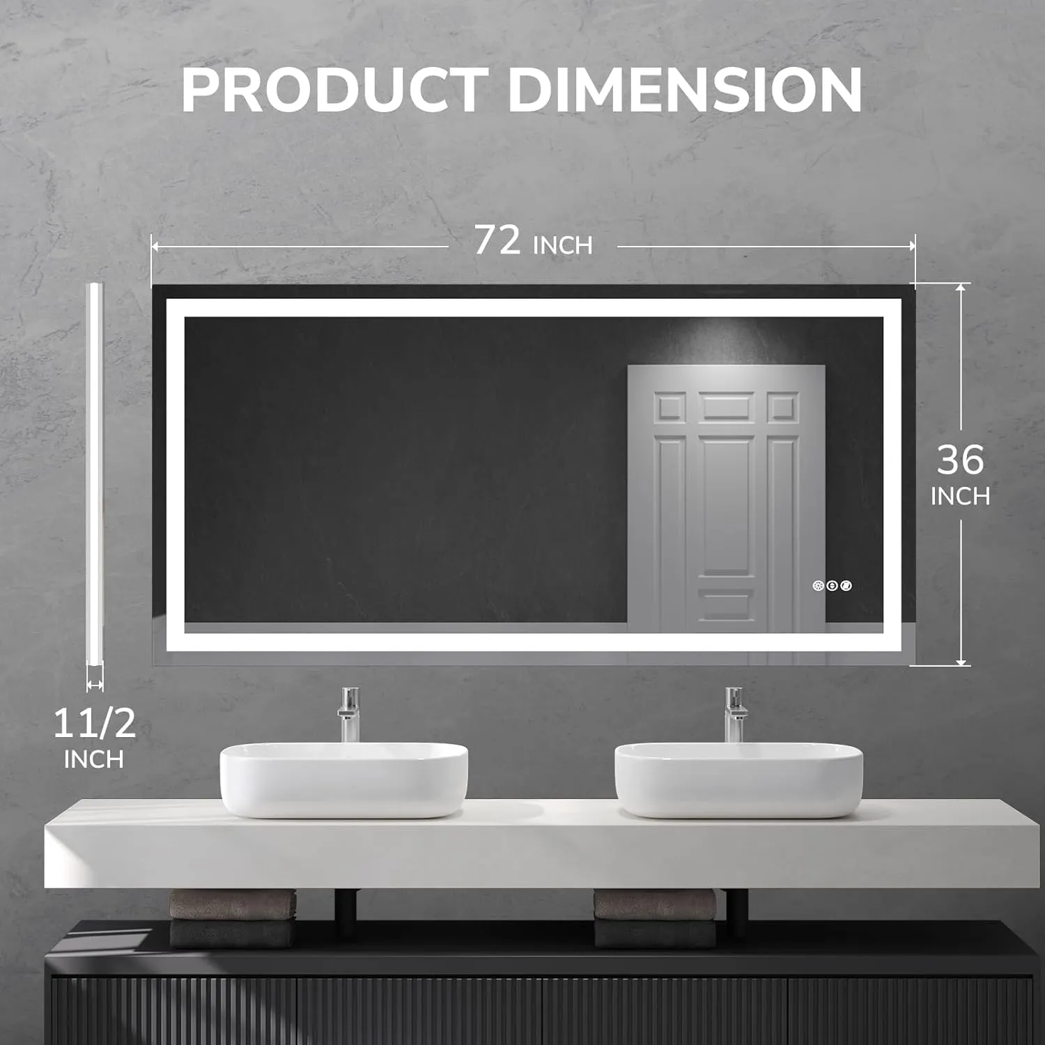 USHOWER 72x36 Inch Modern LED Bathroom Mirror - Smart Backlit Vanity Mirror with Anti-Fog, Dimmable Lights, Wall Mounted, 1/5 Inch Tempered Glass