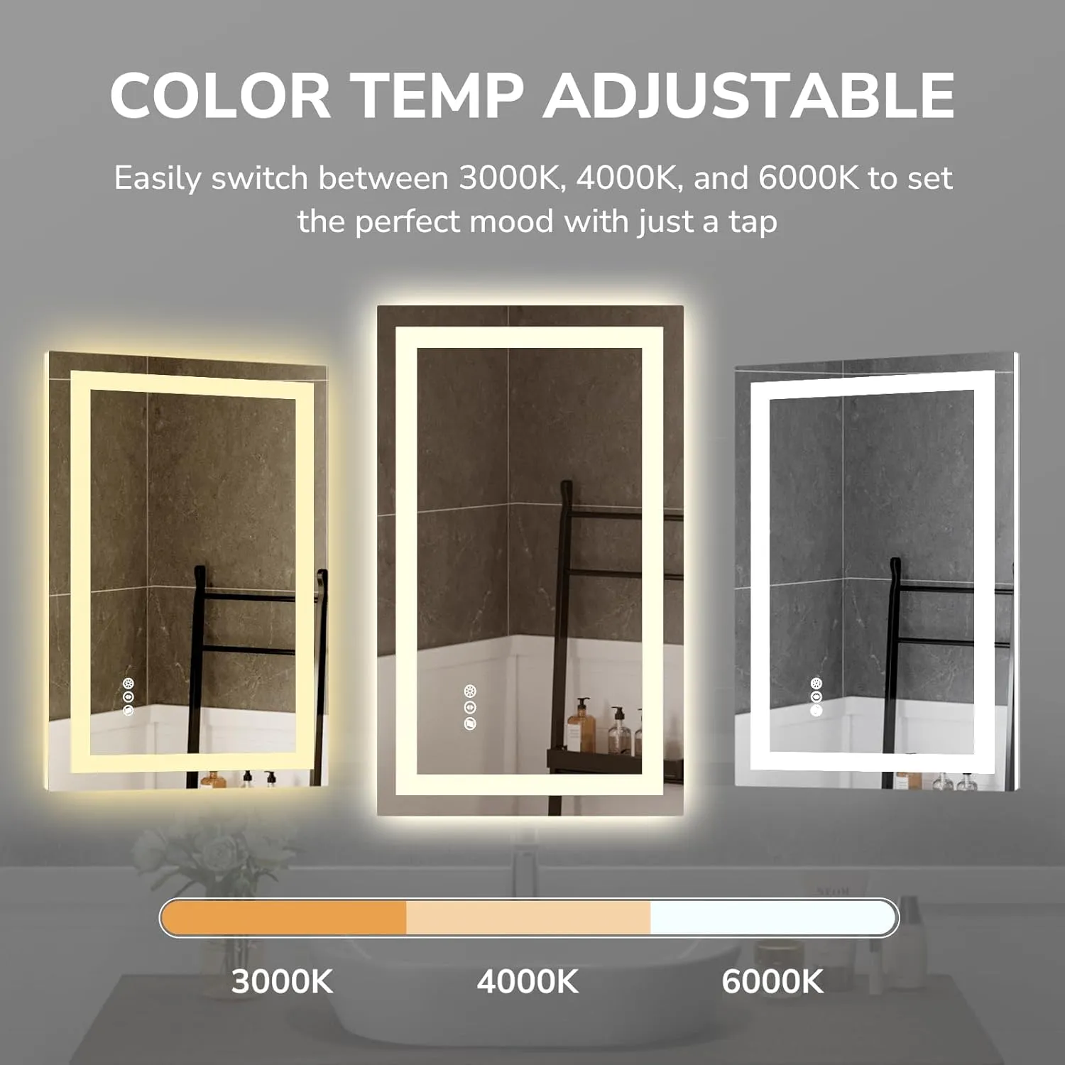 USHOWER 72x36 Inch Modern LED Bathroom Mirror - Smart Backlit Vanity Mirror with Anti-Fog, Dimmable Lights, Wall Mounted, 1/5 Inch Tempered Glass
