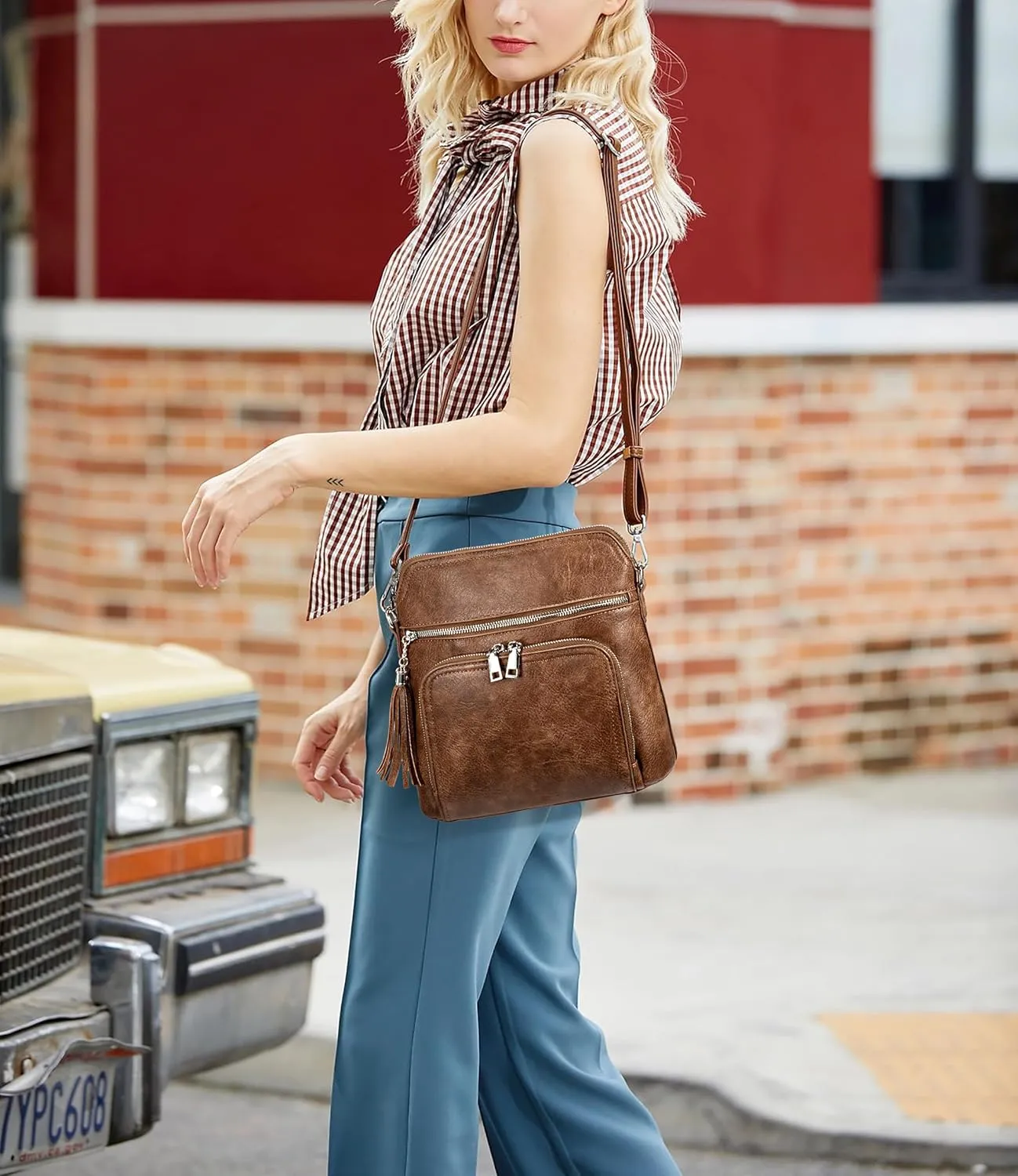 UTO RFID Crossbody Bags for Women Vegan Leather Purses Women's Shoulder Handbags with Tassel Wide Strap