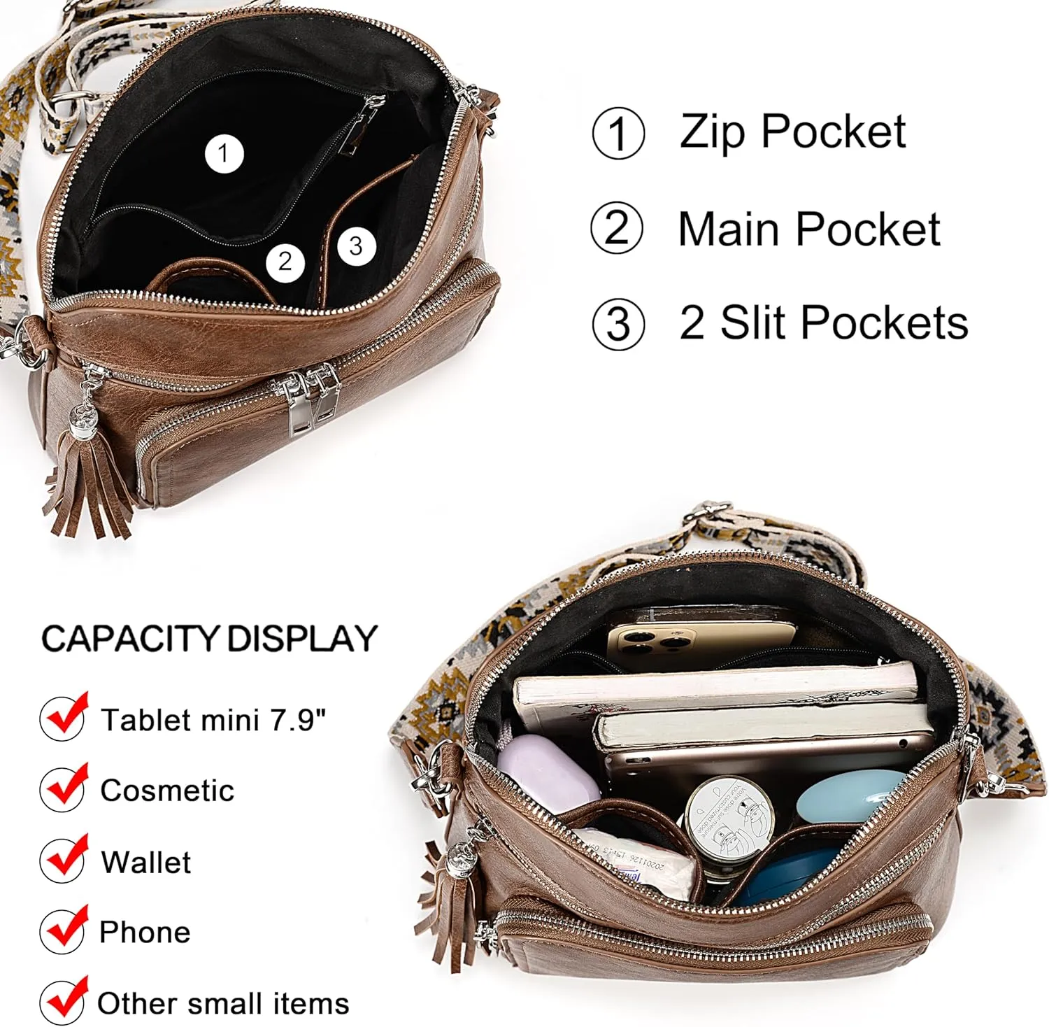 UTO RFID Crossbody Bags for Women Vegan Leather Purses Women's Shoulder Handbags with Tassel Wide Strap