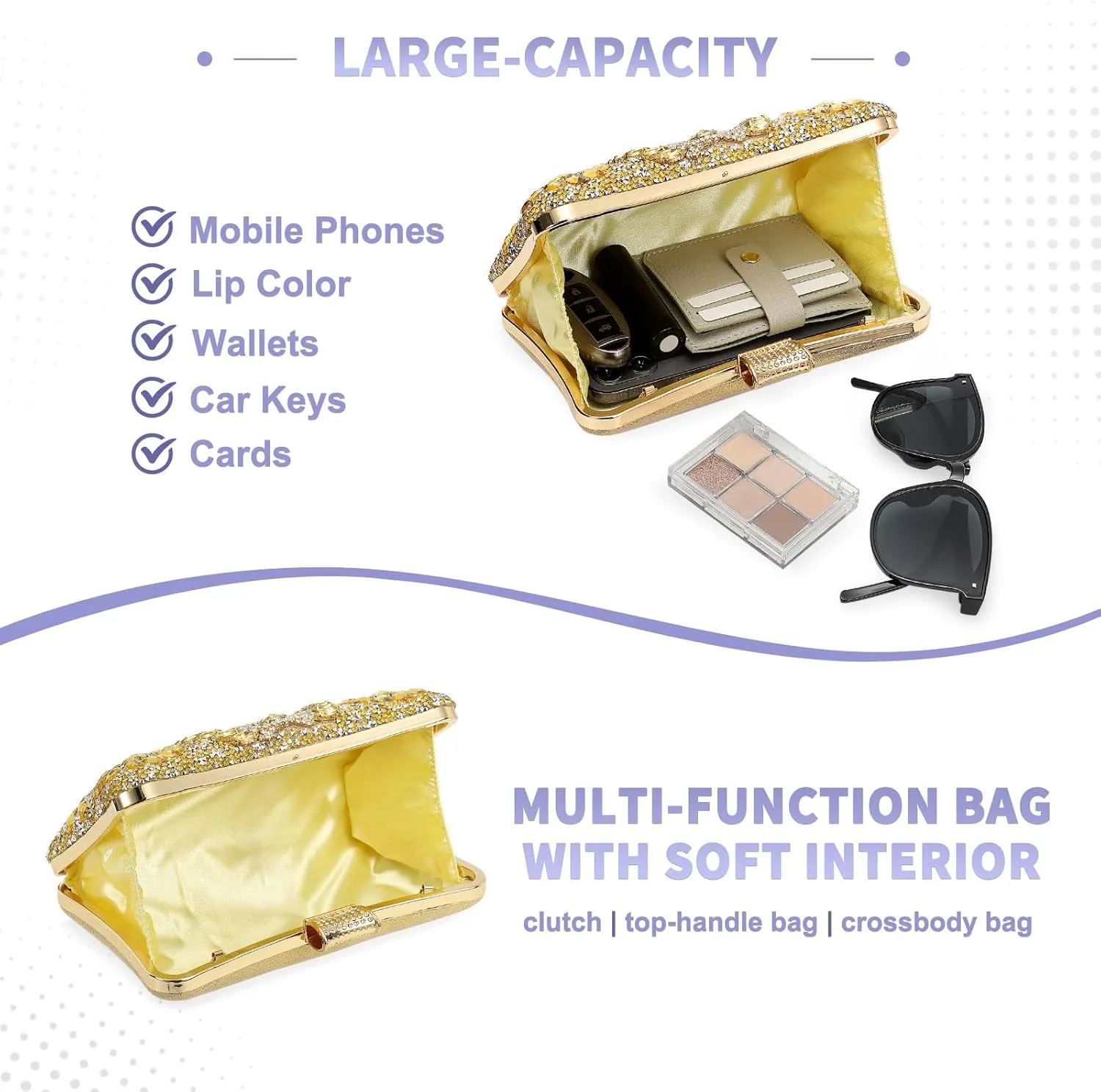 uxcell Evening Bags for Women, Sparkly Crystal Clutch Purse with Rhinestone Chain Handbags for Wedding Party Evening Weekend, Gold