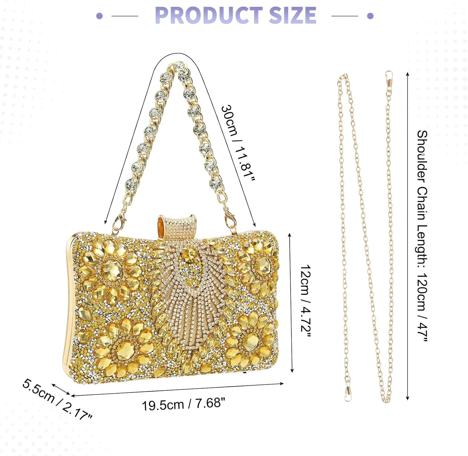 uxcell Evening Bags for Women, Sparkly Crystal Clutch Purse with Rhinestone Chain Handbags for Wedding Party Evening Weekend, Gold