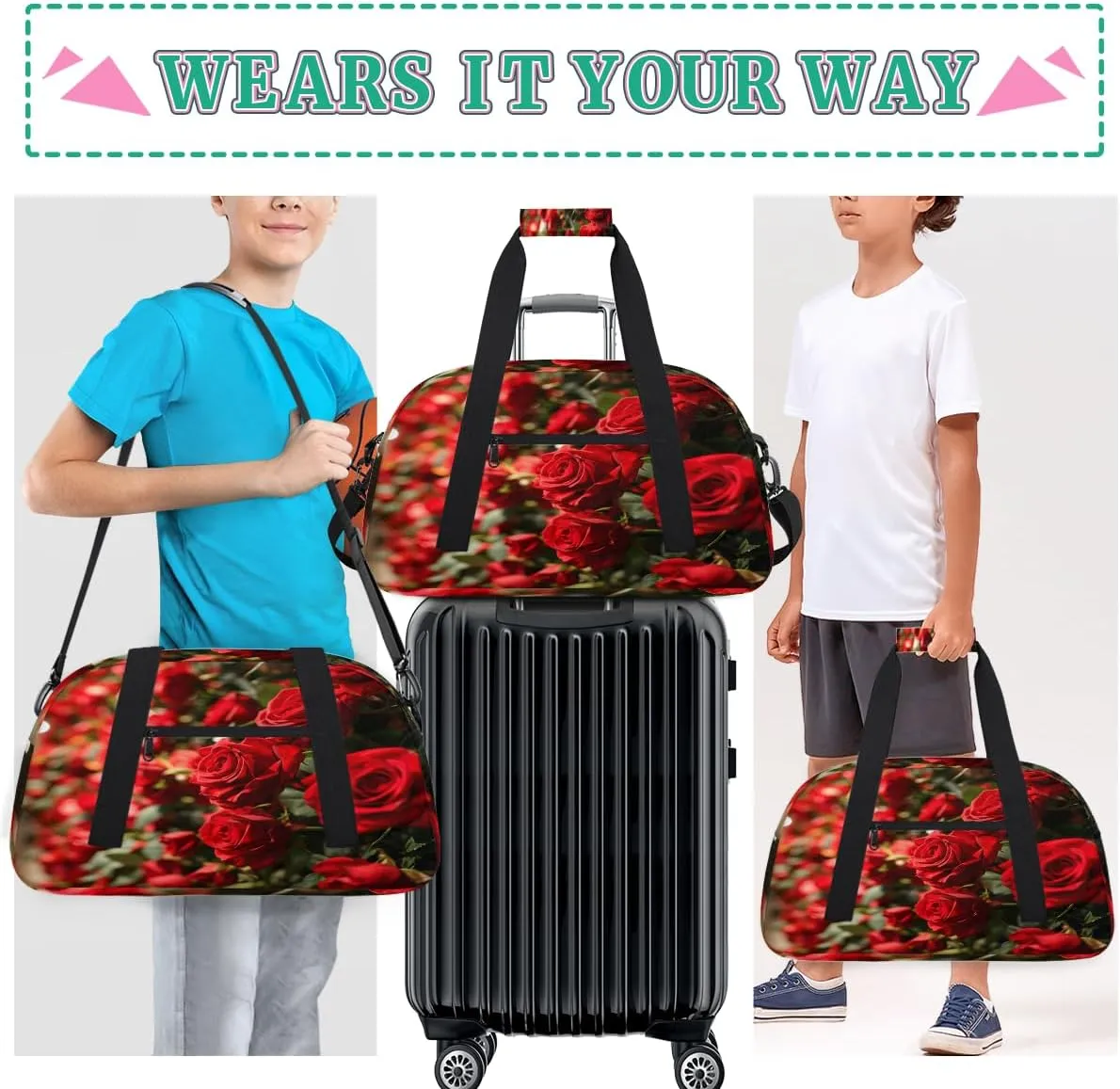 Valentine Roses - Holiday Kids Overnighter Duffel Bags for Boys, Carry-On Size Sports Gym Bag with Front Zipper Pocket for School Practice or Overnight Travel Weekender Sleepover Tote Bag