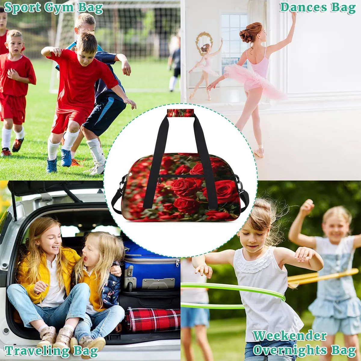 Valentine Roses - Holiday Kids Overnighter Duffel Bags for Boys, Carry-On Size Sports Gym Bag with Front Zipper Pocket for School Practice or Overnight Travel Weekender Sleepover Tote Bag