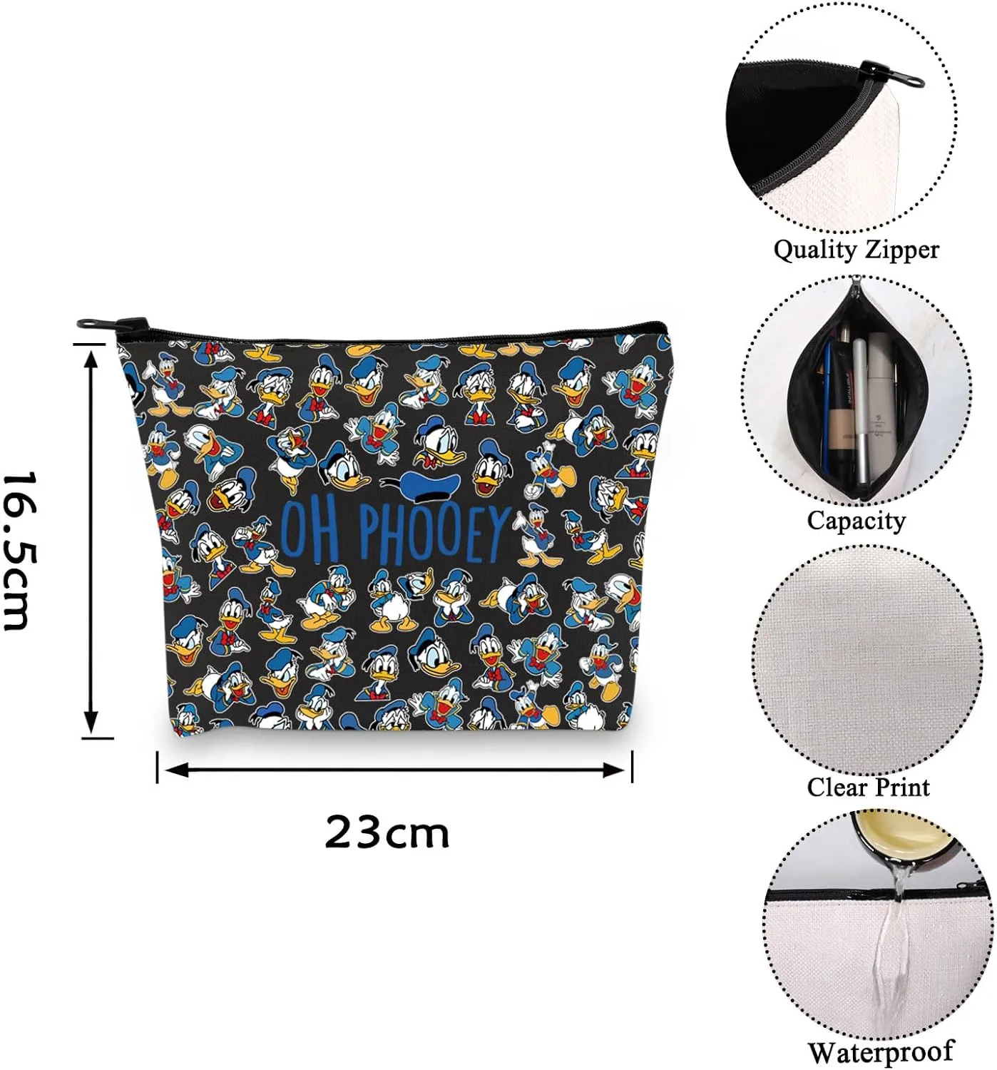 VAMSII Funny Duck Cosmetic bag Oh Pho-oey Zipper Pouch Bag Duck Lover Gift Donald Inspired Gift (BLK Oh Pho-oey)