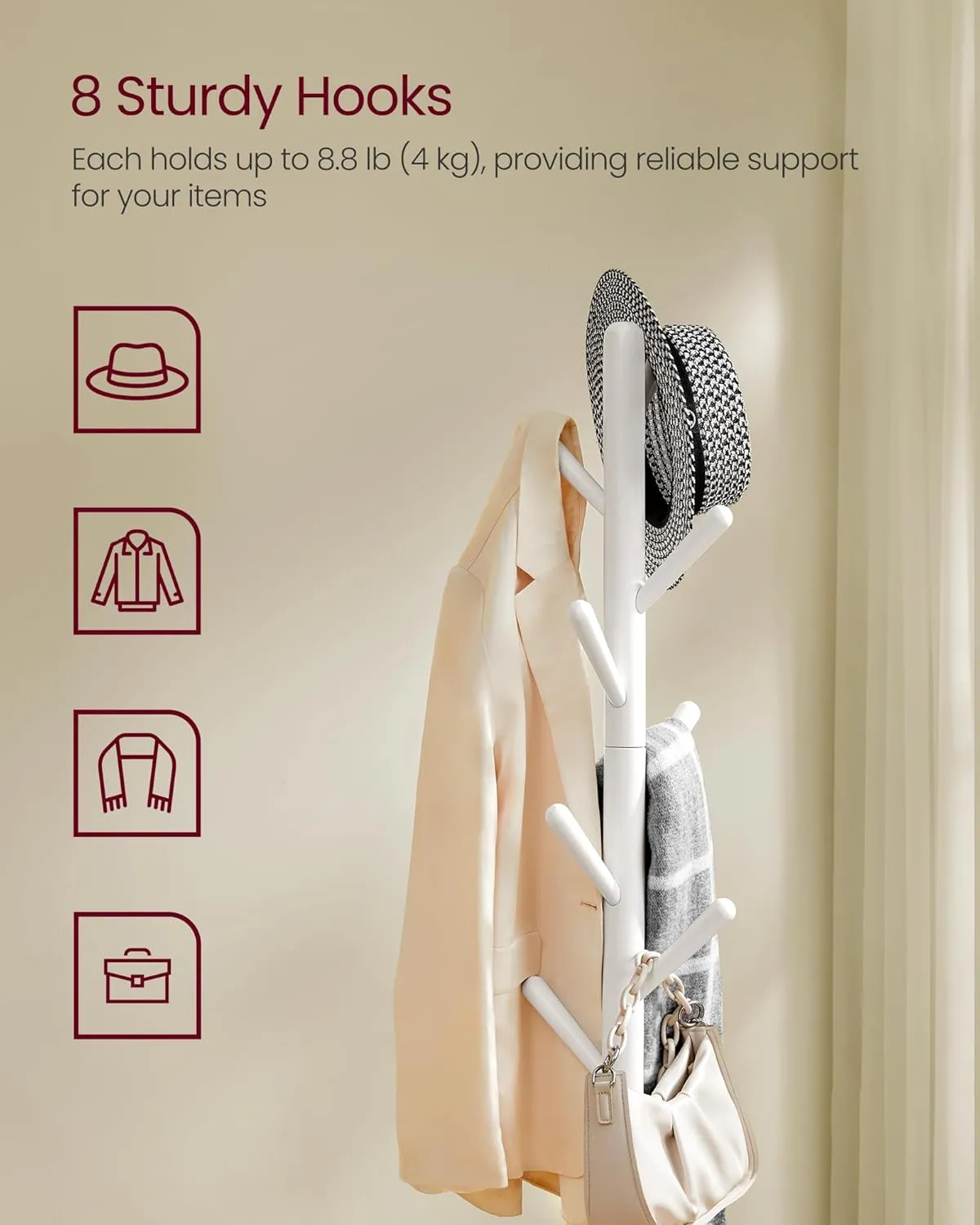 VASAGLE Coat Rack, Free Standing Coat Stand, Hall Coat Tree with 8 Hooks and Storage Shelf, 67.1 Inch Tall, for Coats, Hats, Bags, for Entryway, Hallway, Bedroom, Cloud White URCR033W01