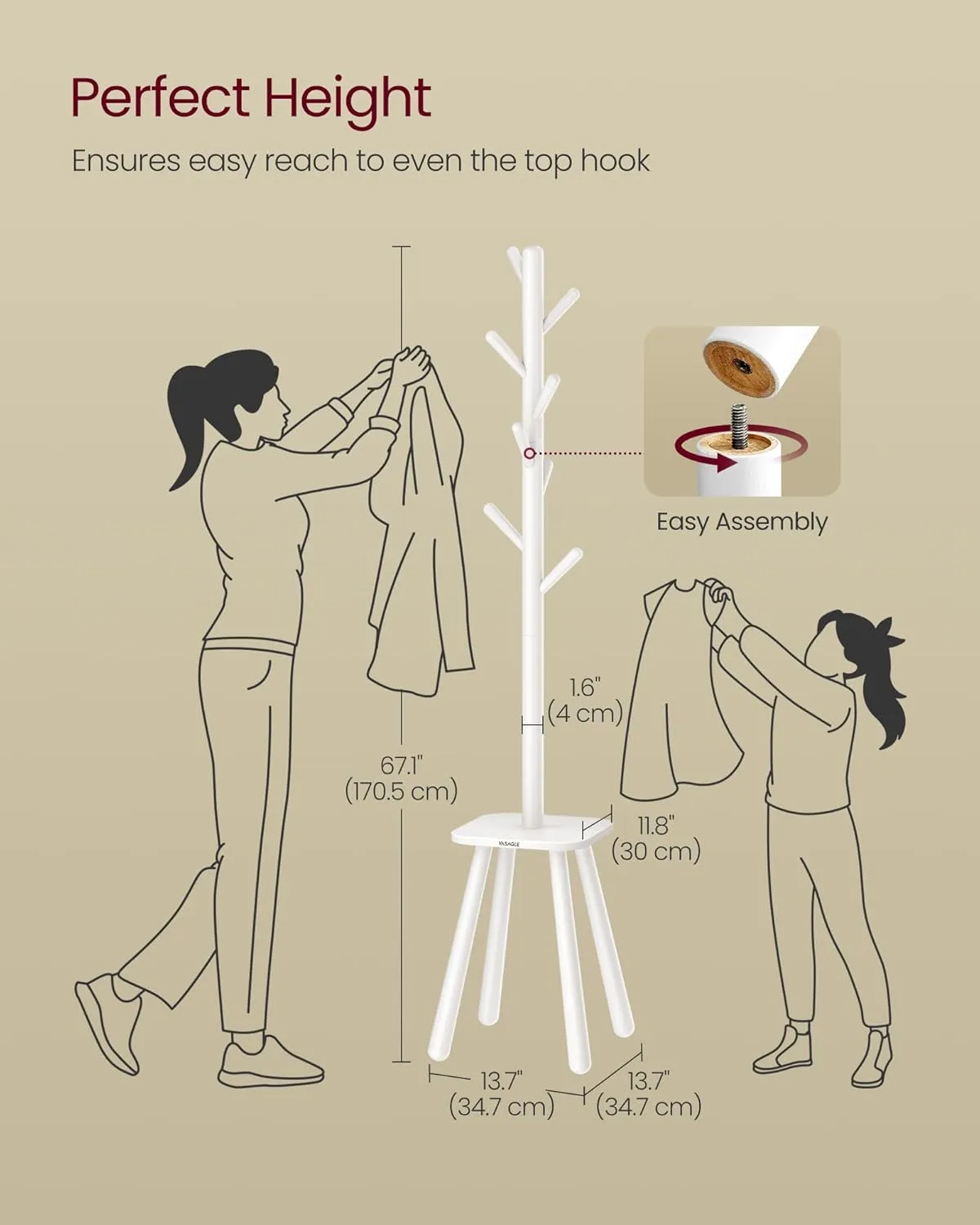 VASAGLE Coat Rack, Free Standing Coat Stand, Hall Coat Tree with 8 Hooks and Storage Shelf, 67.1 Inch Tall, for Coats, Hats, Bags, for Entryway, Hallway, Bedroom, Cloud White URCR033W01