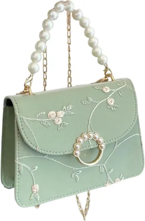 Verdusa Women's Y2K Pearl PU Leather Handbag Elegant Flower Embroidery Shoulder Bag