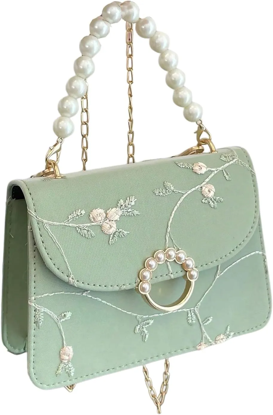 Verdusa Women's Y2K Pearl PU Leather Handbag Elegant Flower Embroidery Shoulder Bag