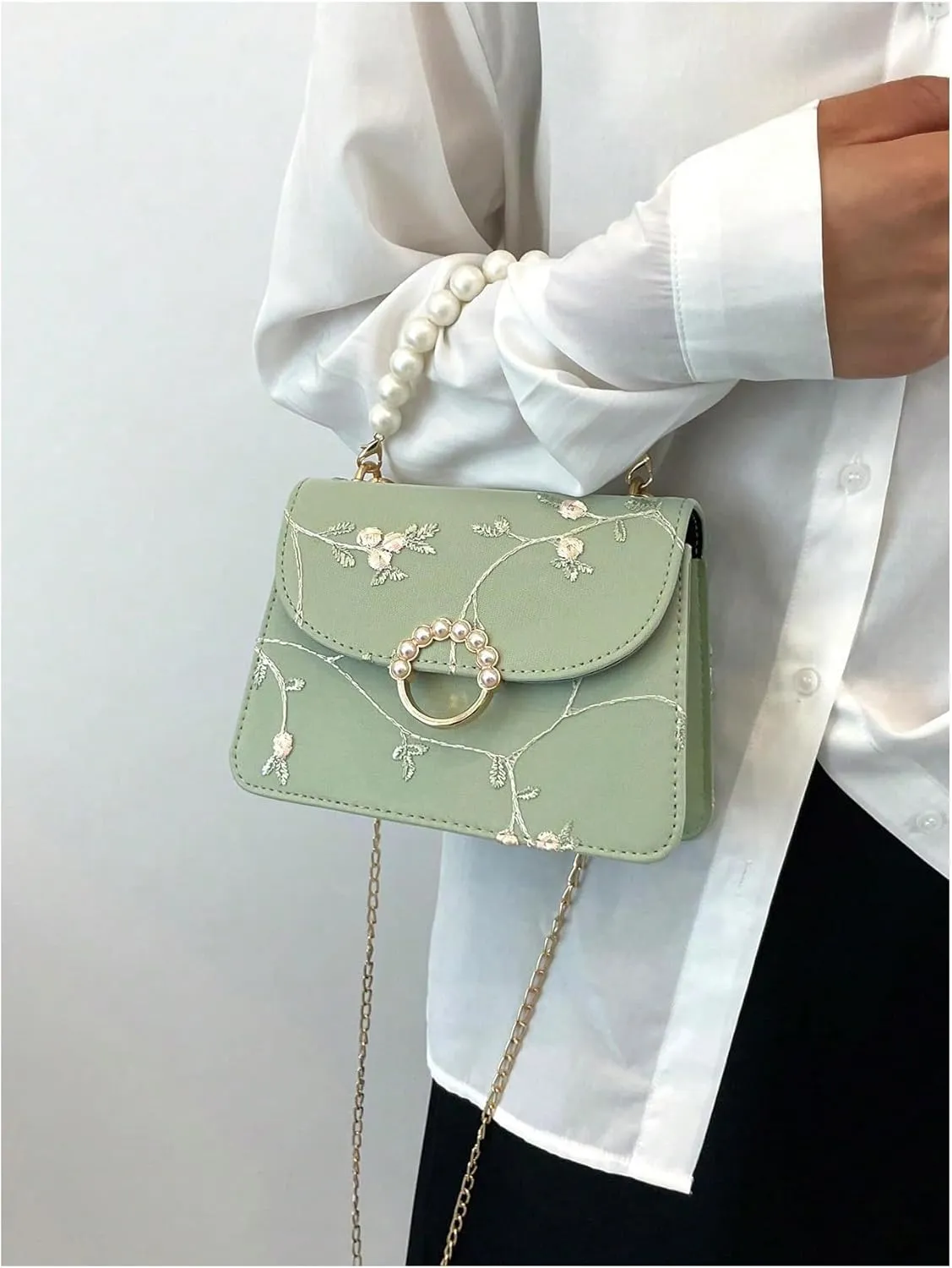 Verdusa Women's Y2K Pearl PU Leather Handbag Elegant Flower Embroidery Shoulder Bag