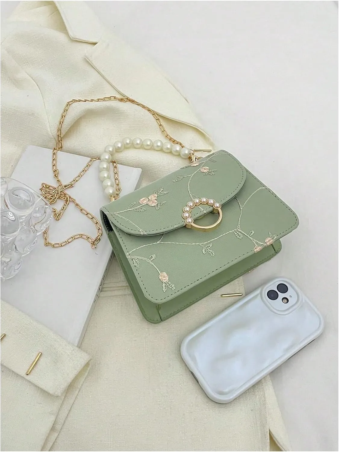 Verdusa Women's Y2K Pearl PU Leather Handbag Elegant Flower Embroidery Shoulder Bag