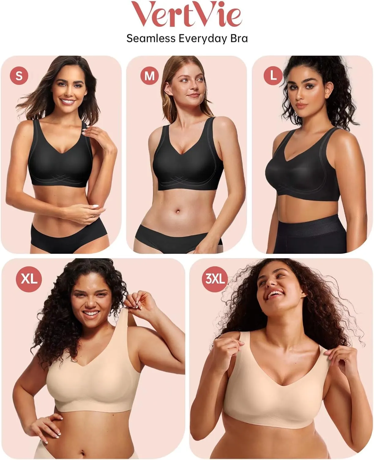 Vertvie Women's Wireless Supportive Bras Comfortable Seamless Full Coverage Bra No Underwire Soft Push Up Everyday Bralette