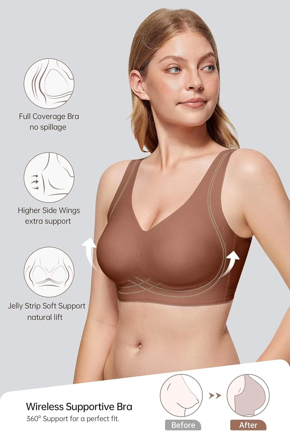 Vertvie Women's Wireless Supportive Bras Comfortable Seamless Full Coverage Bra No Underwire Soft Push Up Everyday Bralette