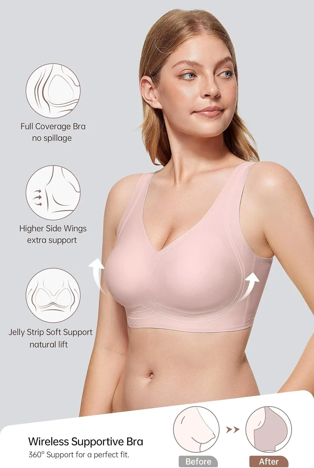 Vertvie Women's Wireless Supportive Bras Comfortable Seamless Full Coverage Bra No Underwire Soft Push Up Everyday Bralette