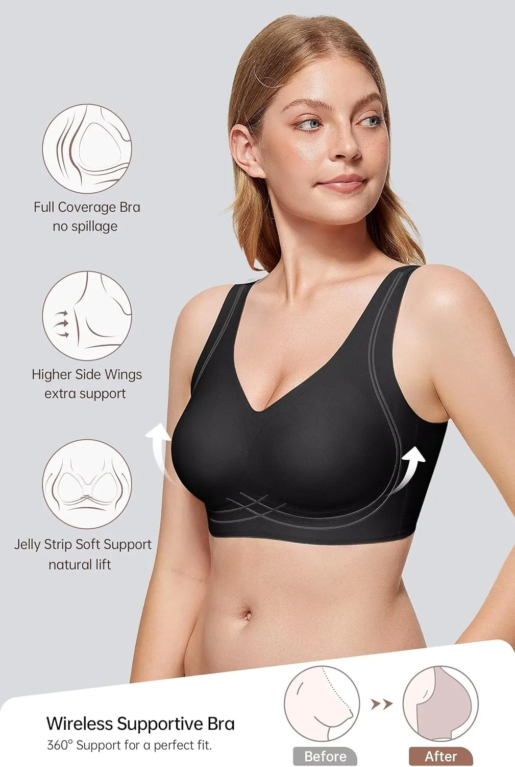 Vertvie Women's Wireless Supportive Bras Comfortable Seamless Full Coverage Bra No Underwire Soft Push Up Everyday Bralette