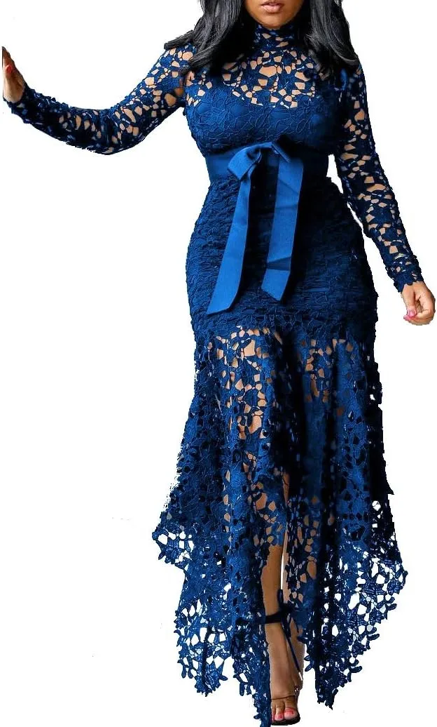 VERWIN Hollow Floor-Length Lace-Up Asymmetrical Women's Maxi Dress Sexy Lace Dress Party Evening Dress