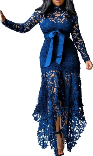 VERWIN Hollow Floor-Length Lace-Up Asymmetrical Women's Maxi Dress Sexy Lace Dress Party Evening Dress