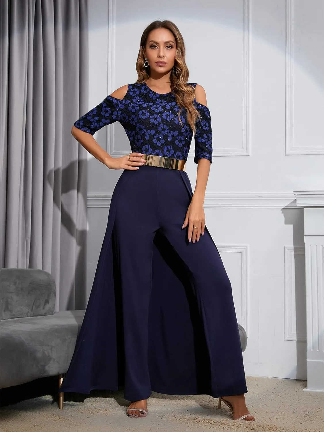 VERWIN Patchwork Overlay Embellished Plain Women's Jumpsuit High-Waist Woman Romper